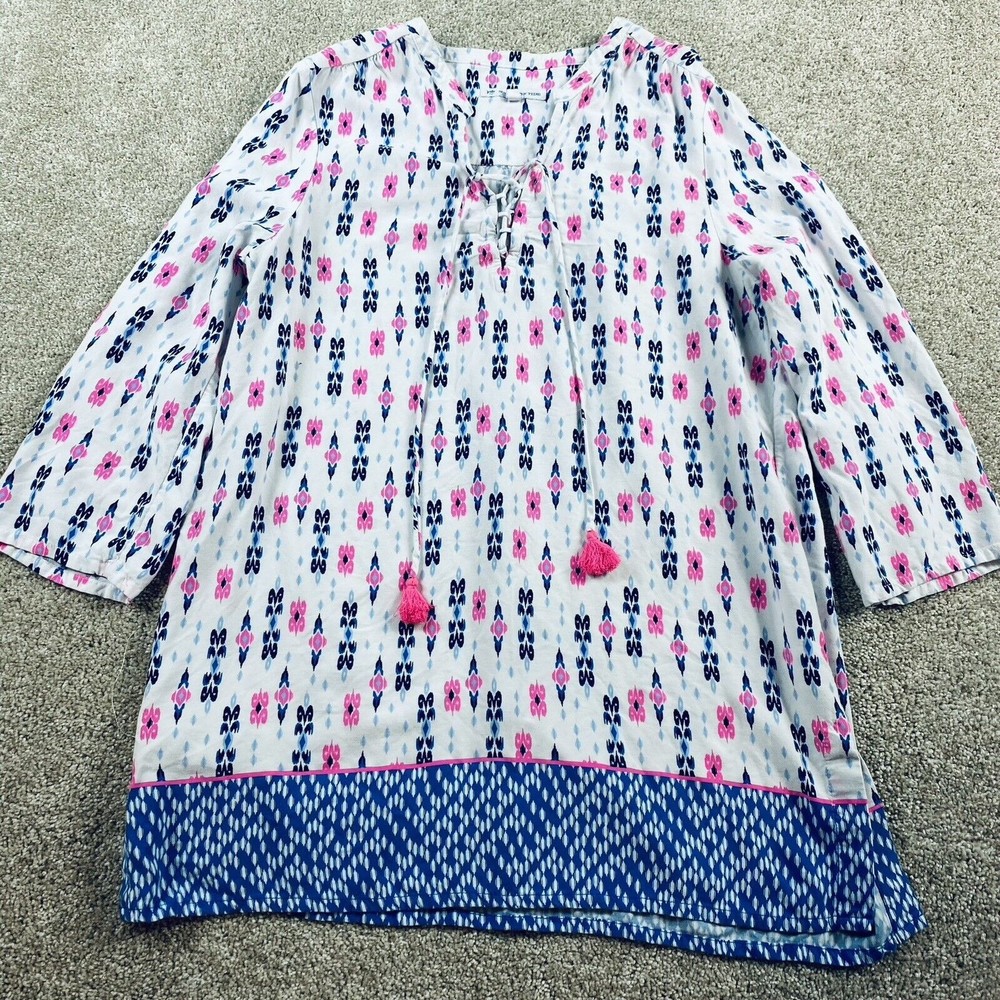 Southern Tide Womens Tunic Top L White Blue Pink Tassels Rayon Boho Beach